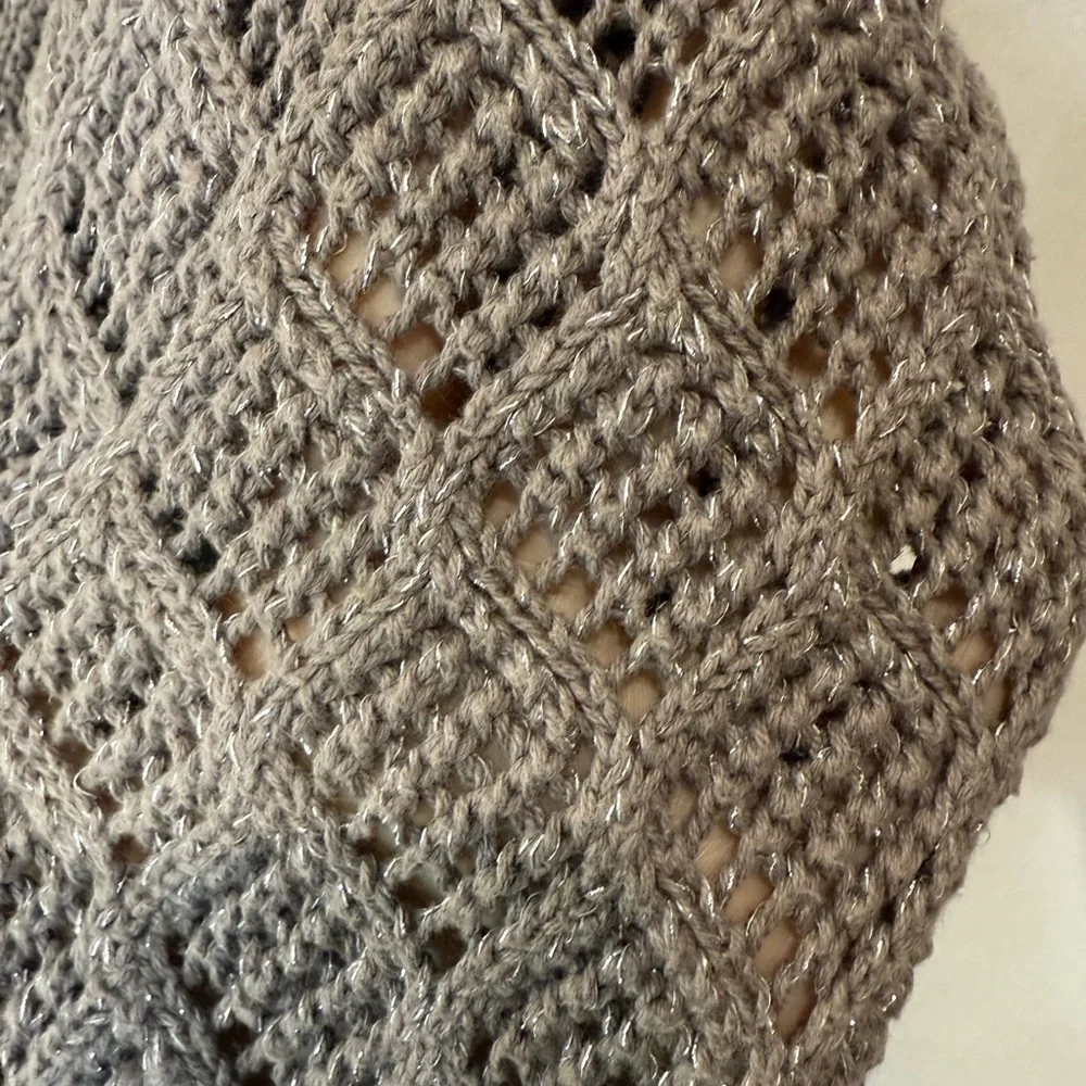 LOFT Metallic Pointelle Knit Sweater Open Weave Subtle Shimmer Taupe Size Medium